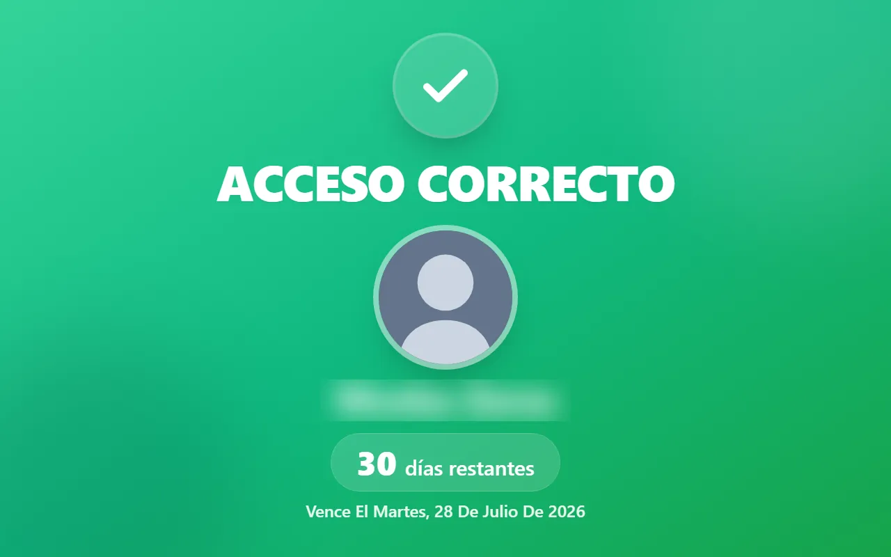 Pantalla de acceso correcto con los días restantes de la cuota del socio